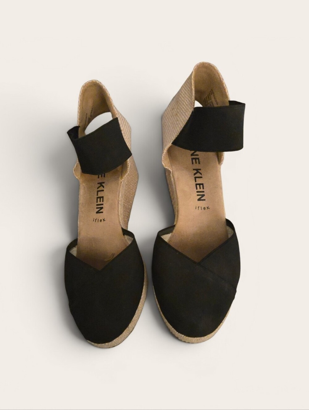 Anne Klein Black and Tan Espadrille Wedge Sandals